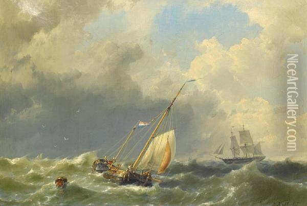 A Dutch Hoy Running Out To Meet A Three-mastedmerchantman Heaving-to In Heavy Seas Oil Painting - Hermanus Jr. Koekkoek