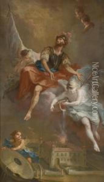 Saint Florian Rescuing The Burning Stockern Castle; Saint John Nepomuk Oil Painting - Martin Johann Schmidt