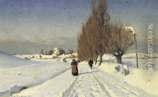 Vinterlandskab Med Mand Og Kone Gaende Langs Et Poppelhegn Oil Painting - Hans Andersen Brendekilde