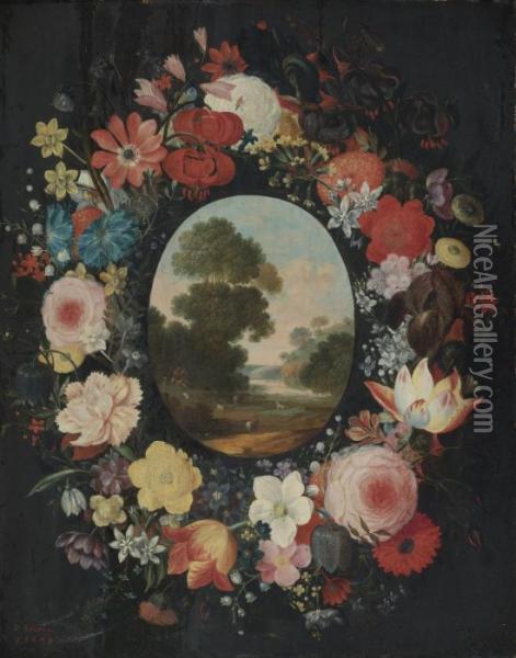 Landscape Surrounded By A Wreath Of Roses, Tulips, Jasmine And Other Flowers Oil Painting - Jan Peeter Brueghel