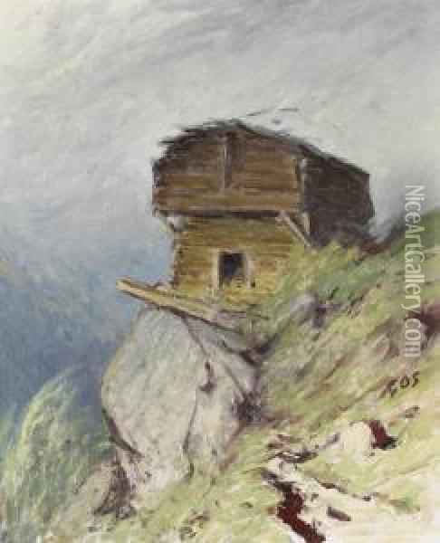 Walliser Stadel An Steilhang. Oil Painting - Albert H. Gos