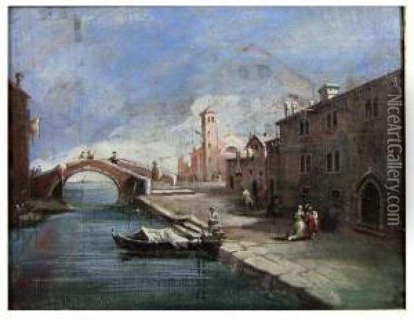 Venetian Canal View With Figures Oil Painting - Bernardo Bellotto