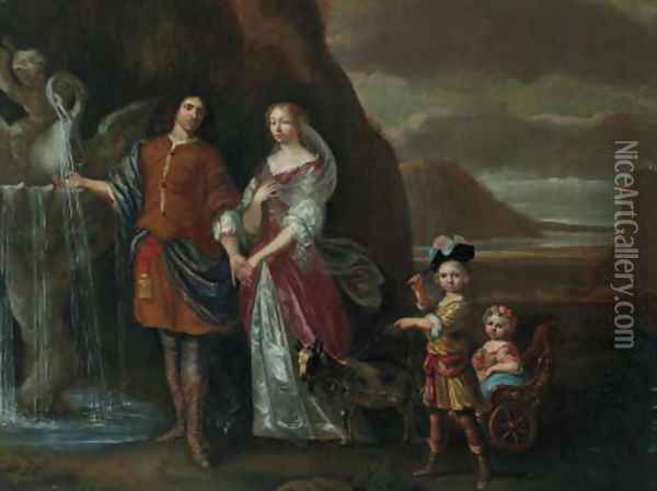 A gentleman and his wife as Rebecca and Eliezer at the well Oil Painting - Jan Mijtens