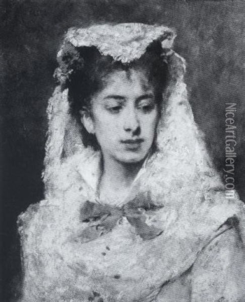 Portrait Of A Woman In White Oil Painting - Francisco Miralles y Galup