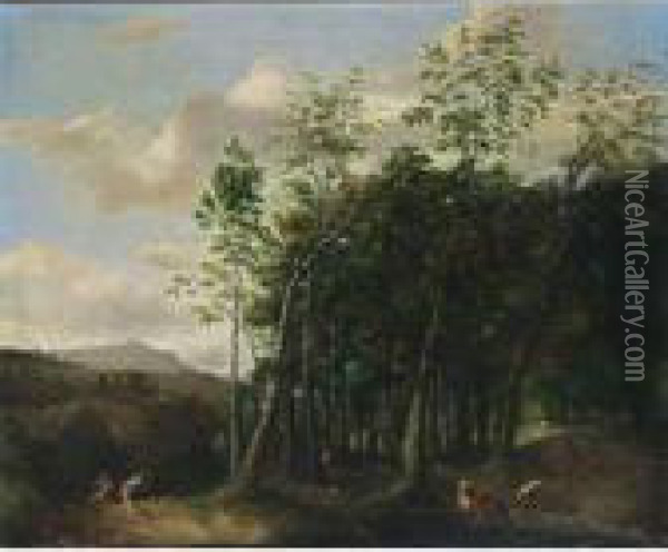 A Wooded Landscape With A Deer Hunt Oil Painting - Frederick De Moucheron