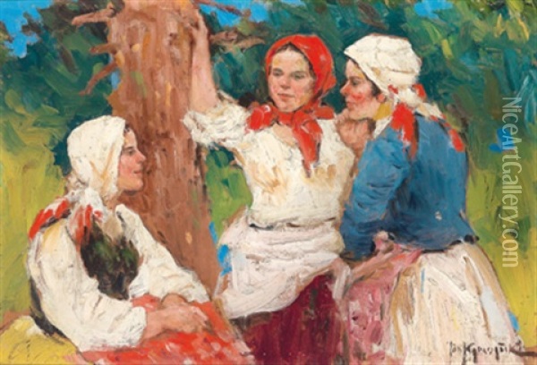 Drei Madchen Oil Painting - Fotij Stepanowitsch Krassitzkij