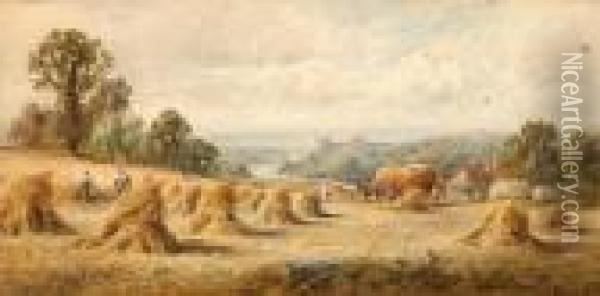 Harvest Time In The Fields Before Arundelcastle Oil Painting - Henry John Kinniard