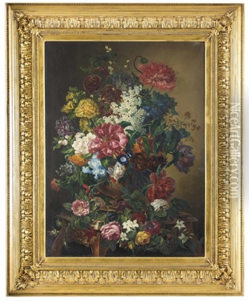 Blumenbukett In Steinvase Auf Barocktisch Oil Painting - Jan Van Huysum