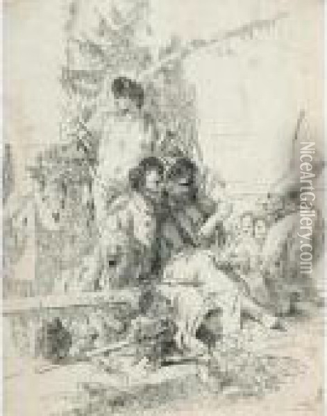 Pulcinella, Due Maghi Ed Un Efebo (dalla Serie Dei Capricci,1744) Oil Painting - Giovanni Battista Tiepolo
