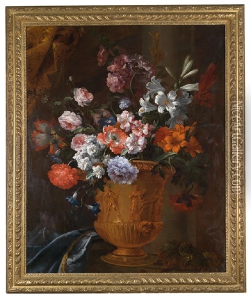 Ein Blumenstillleben Aus Anemonen, Rosen Und Lilien In Einer Bronzevase Oil Painting - Jean-Baptiste Monnoyer