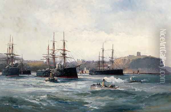 The Channel Fleet off Scarborough, 1896 Oil Painting - William Lionel Wyllie