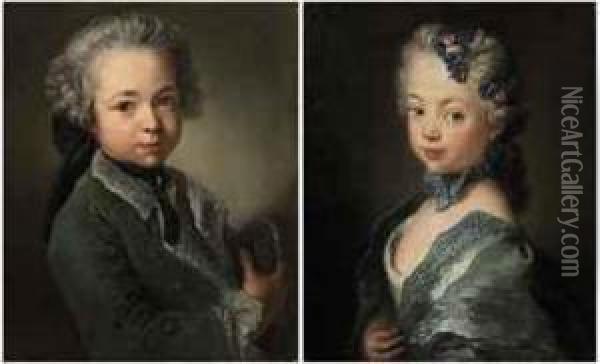 Portrait Of The Artist's 
Grandson, Bust-length, In A Fur-linedgreen Coat, Holding A Tricorne; And
 Portrait Of The Artist'sgrand-daughter, Bust-length, In A White Dress 
With A Blue Mantle, Ablue Ribbon And A Flowered Headdress Oil Painting - Antoine Pesne