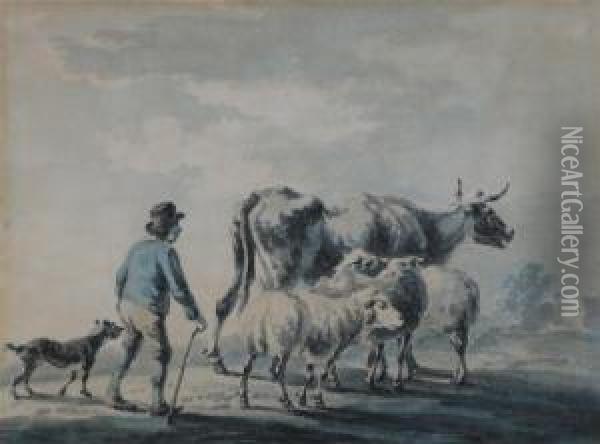 A Herdsman, Cows And Sheep Oil Painting - Peter La Cave