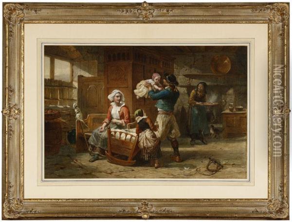 Playing With The Baby, Figures In A House Interior Oil Painting - Walter Goodall