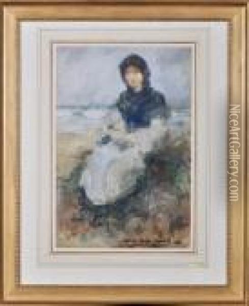 A North Shields Fishergirl Seated On The Shore Oil Painting - Victor Noble Rainbird