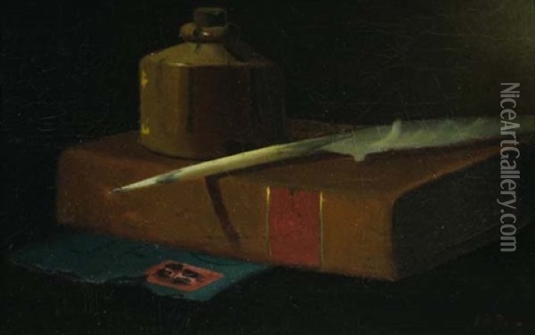 Still Life With Inkwell, Book And Quill Oil Painting - John Frederick Peto