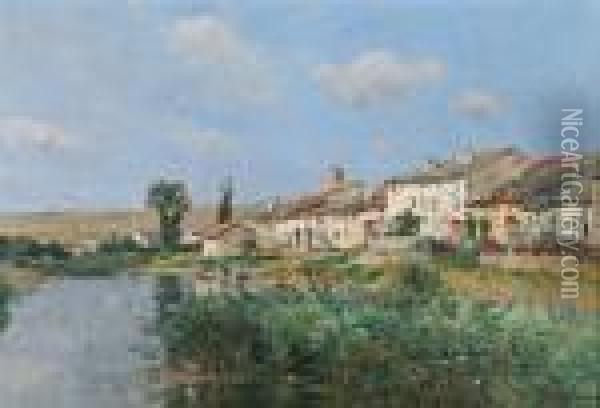  Village Et Lavandieres Au Bord De Lariviere En Saintonge  Oil Painting - Edmond Marie Petitjean