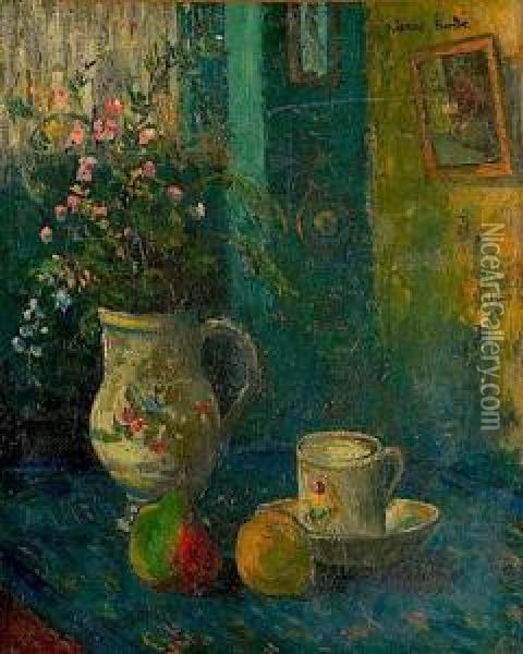 Fruits, Vase De Fleurs Et Tasse Oil Painting - Pierre Hode
