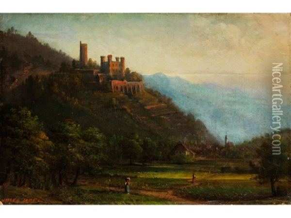Bergige Landschaft Mit Erhoht Im Spatlicht Stehender Burganlage Oil Painting - Jules Achille Noel