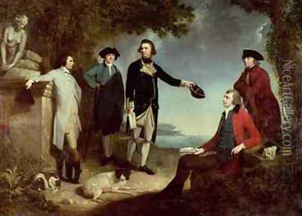 Captain James Cook 1728-79 Sir Joseph Banks 1743-1820 Lord Sandwich with Dr Daniel Solander 1733-82 and Dr John Hawkesworth 1715-73 1771 Oil Painting - John Hamilton Mortimer