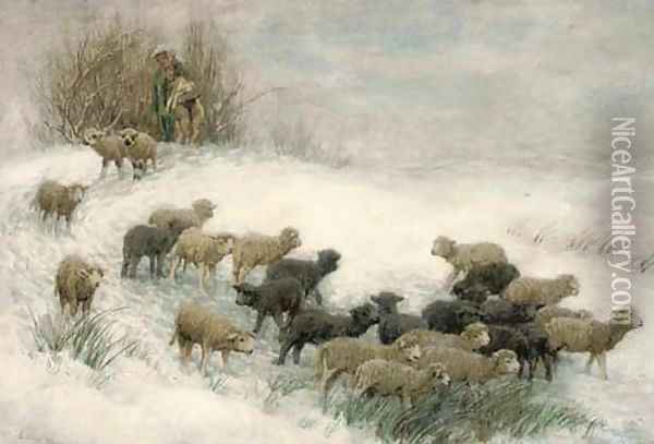 The flock in winter Oil Painting - Friedrich Otto Gebler