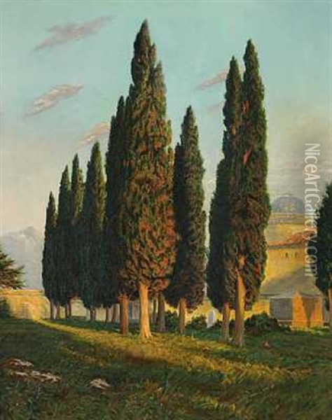Cypresser I Aftenlys, Antagelig Fra Jerusalem Oil Painting - Georg Macco