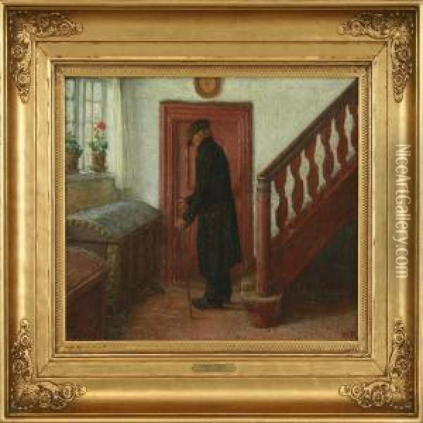 Interior With A Man By A Door Oil Painting - Valdemar Magaard