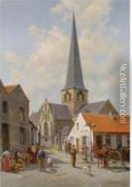 Figures On A Market Place At The Church Of Sint Kwintens Lennik,belgium Oil Painting - Jacques Carabain