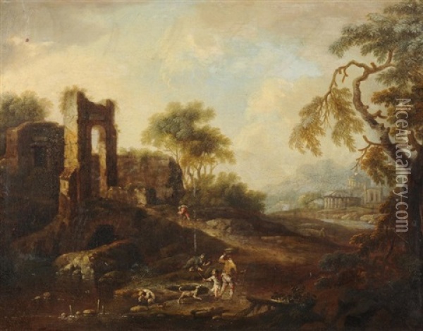 Rastende In Landschaft Mit Ruine Oil Painting - Franz de Paula Ferg