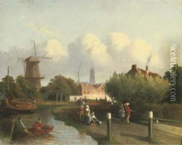 A Busy Canal Near A Dutch Town Oil Painting - Joseph Bles