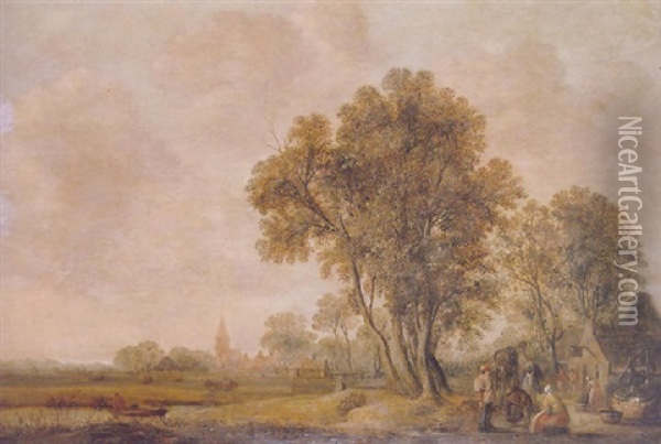 A Wooded Landscape With Villagers Outside A Country Inn, A River Meadow And A Church In The Distance Beyond Oil Painting - Aert van der Neer