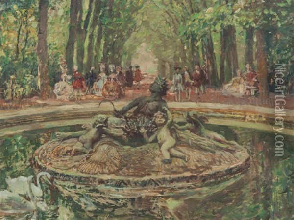 Park With Fountain Oil Painting - Alois Wierer
