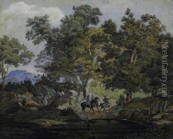 Group Of Riders In An Oak Forest. Signed And Dated Bottom Right: 18 F.e. 57 Oil Painting - Fritz Ebel