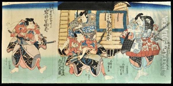 Triptych: Two Men Emerging From A Palanquin Are Attacked By Warriors Oil Painting - Kunisada