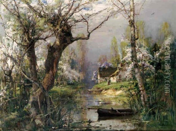 Cottage By A Stream Oil Painting - Yuliy Yulevich (Julius) Klever