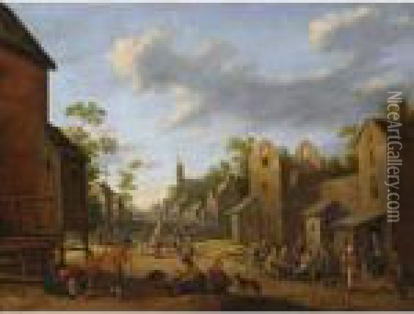 A Village Street Scene With 
Peasants Drinking Outside An Inn, A Beggar Woman In The Foreground, A 
View Of A Church Tower Beyond Oil Painting - Joost Cornelisz. Droochsloot