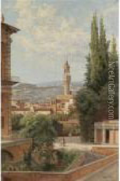 Florence, View Of The Palazzo Vecchio With Fiesole In The Distance Oil Painting - Antonietta Brandeis
