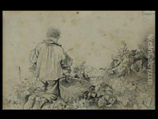 Bauernjunge Bei Der Ernte Im Feld Zwischen Blattern Und Einemkorb Kniend Oil Painting - Albert Kappis
