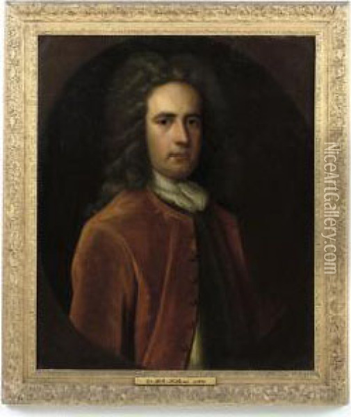 Portrait Of Sir John Jacob 
(d.1740), Half-length, In A Burgundy Coat And A Breastplate, In A 
Feigned Oval Oil Painting - Enoch Seeman