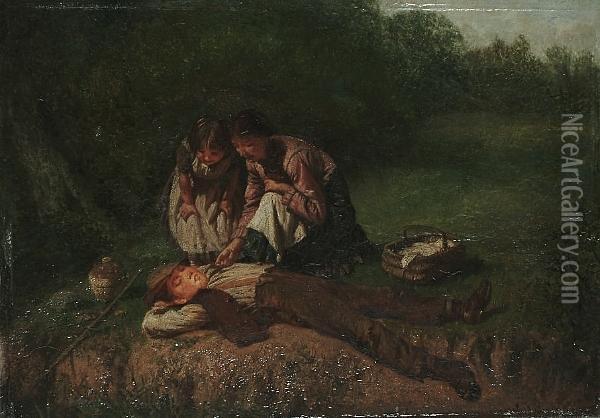 Children Relaxing By A Riverbank Oil Painting - J.O. Banks