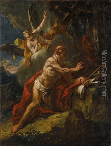Der Heilige Hieronymus Mit Dem Engel Oil Painting - Gaspare Diziani