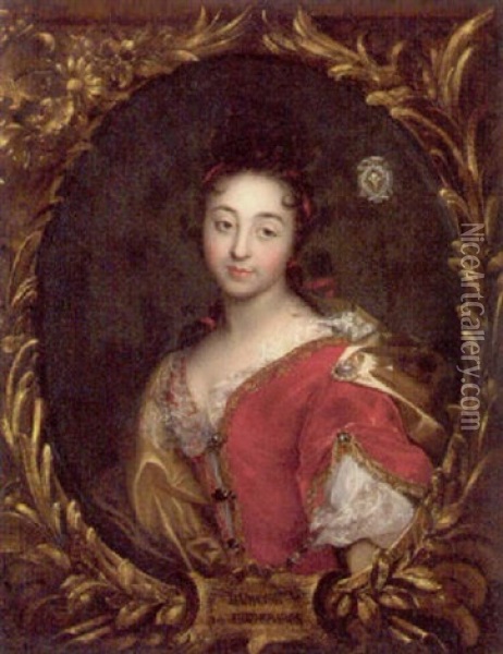 Portrait Of A Lady (marquisse De Rochebaron?) In A Red Dress And A Yellow Cape, With A Red Ribbon In Her Hair Oil Painting - Hyacinthe Rigaud