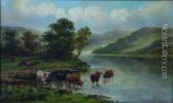 Three Landscapes Depicting Highland Cattle Oil Painting - William Langley