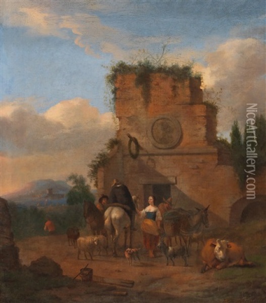 An Italian Landscape With Shepherds In Front Of A Ruin Oil Painting - Abraham Jansz. Begeyn