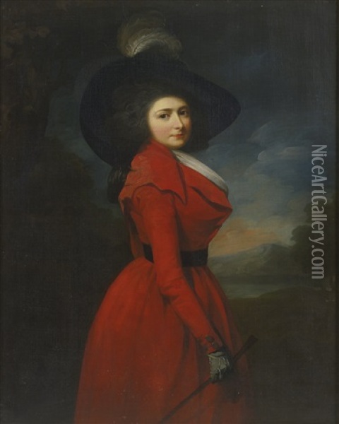 Portrait Of Miss Elizabeth Jemima Blake, Three-quarter Length, Wearing A Red Hunting-habit And Feathered Hat Oil Painting - Sir Martin Archer Shee