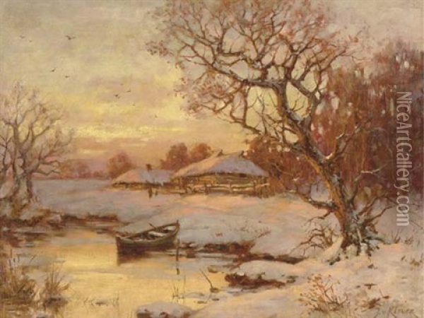River Landscape At Sunset Oil Painting - Yuliy Yulevich (Julius) Klever