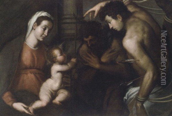 La Madonna Con I Santi Giovanni Battista E San Sebastiano Oil Painting - Jacopo Palma il Giovane