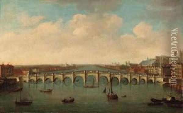 View Of The River Thames At Westminster Bridge Oil Painting - Samuel Scott