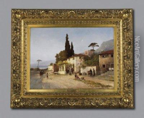 Italian Coastal Street On The Riviera. Signed Bottom Right: Karl Wagner Oil Painting - Carl Wagner