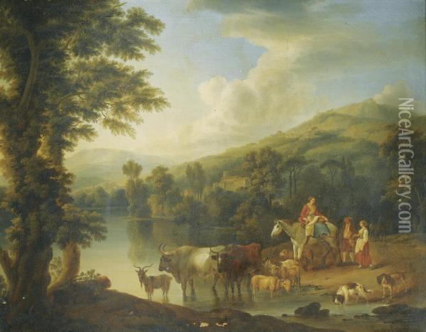 A Wooded River Landscape With A Woman On A Grey Horse With Animals Watering Oil Painting - Jacob Philipp Hackert